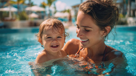 A joyful woman enjoys a sunny day at a resort pool while holding a smiling toddler. The bright blue water and palm trees create a cheerful atmosphere.の素材