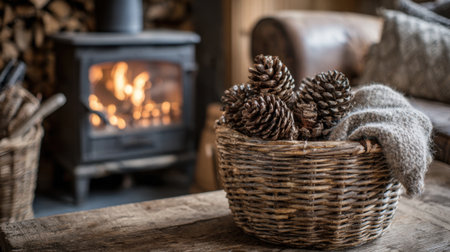 A rustic cabin setting features a warm fireplace filled with flickering flames. A basket holds pinecones, and a knitted blanket adds comfort to the space.の素材