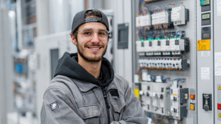 Technician stands proudly next to electrical controls showing tools and skills in the workplace.の素材