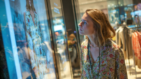 A woman gazes intently at a display window showcasing a stunning floral dress in a busy store.の素材
