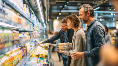 Three friends are enjoying their time together at a grocery store picking items from the shelves.の素材