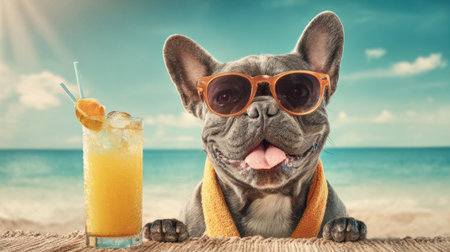 A happy dog sits on a beach towel, wearing sunglasses and a towel around its neck. A colorful drink rests next to it, with a beautiful ocean view in the background.の素材