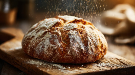 Golden crusted bread sits on a rustic wooden board dusted with flour evoking warmth and comfort.の素材
