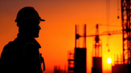 A construction worker stands still observing the sunset over a busy construction site reflecting on the days work.の素材