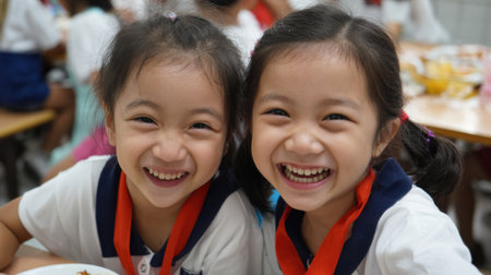 Two cheerful girls sit close together, sharing laughter while enjoying their lunch in a bustling school cafeteria filled with classmates. Their bright smiles show pure joy.の素材