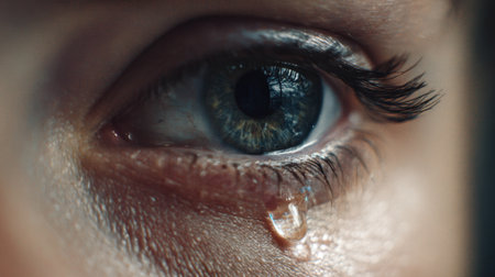 A person's eye reveals a single tear rolling down, highlighting emotions such as sadness or reflection. The eye's color and details show vulnerability and depth, illuminated softly.の素材