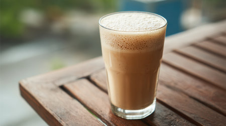 A creamy glass of coffee sits on a wooden table inviting you to enjoy its rich flavor.の素材