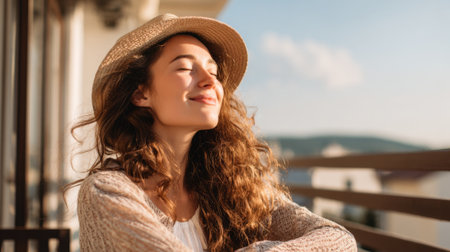A woman relaxes on a balcony, soaking in the sunlight. She has long curly hair, wears a hat, and content appears while facing the sky. The scenery suggests a calm morning.の素材