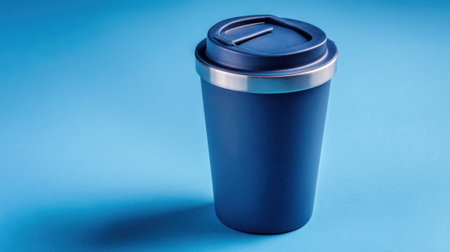 A sleek navy cup with a silver lid stands on a bright blue surface creating a modern look.の素材