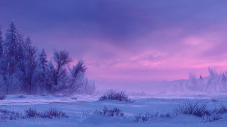 A serene winter scene showcases frost-covered trees under a soft purple sky, hinting at dawn. Snow blankets the ground, creating a peaceful atmosphere.の素材