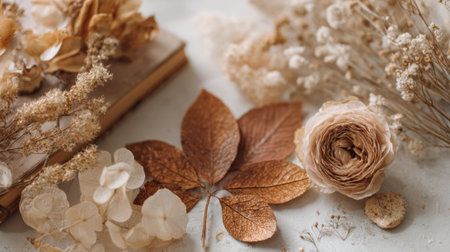 Dried flowers and leaves create a warm autumn atmosphere showing natures beauty and artistry.の素材