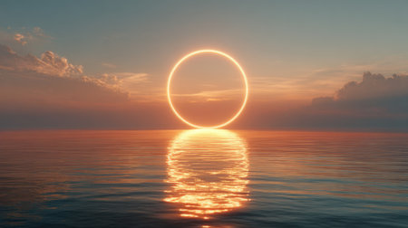 Sunset paints the sky with colors as the sun reflects on the tranquil ocean surface forming a glowing ring.の素材