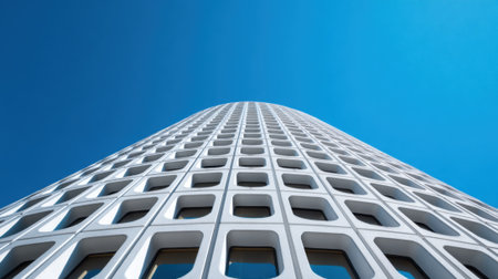 A modern structure showcases a geometric design under bright sunlight in a bustling city.の素材