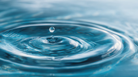 A droplet falls into still water creating beautiful ripples that expand outward gracefully.の素材