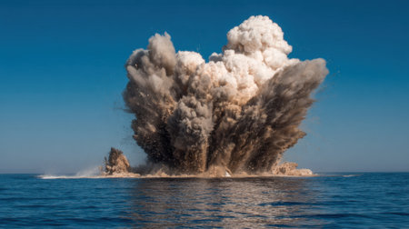 Powerful explosion sends clouds of smoke and water high into the sky above the ocean.の素材