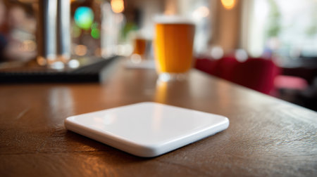 A cold beverage sits beside a simple white coaster on a wooden bar table in a warm atmosphere.の素材