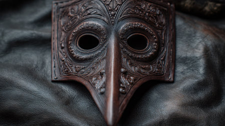 A beautifully crafted wooden mask lies on a rich black leather surface highlighting historical artistry.の素材