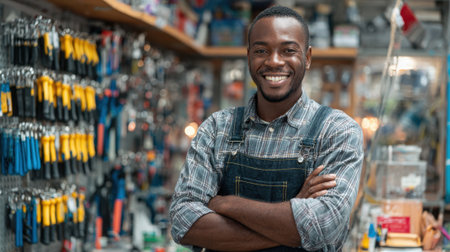 A man with a cheerful smiling poses in a tool shop filled with tools and equipment. He wears overalls and stands with his arms crossed, showing his friendly demeanor in a vibrant workspace.の素材