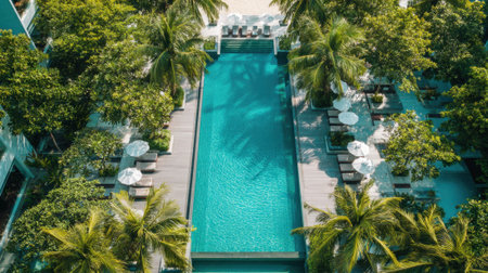 Bright sunshine reflects off the clear water of the pool inviting relaxation under palm trees.の素材