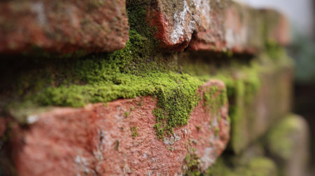 In a quiet garden, moss is seen thriving on the surface of an aged brick wall. The scene captures the beauty of nature reclaiming man-made structures in the soft light of late afternoon.の素材