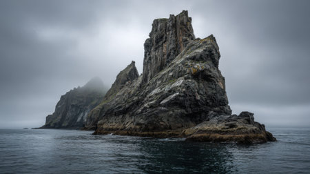 A stunning rocky formation rises tall amidst foggy weather framed by serene ocean waves and distant hills.の素材