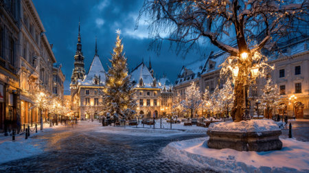 Snow blankets the town square where festive lights sparkle on trees and buildings as evening falls.の素材