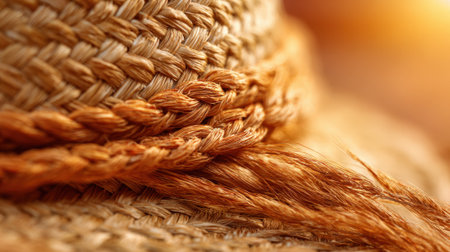A detailed view of a straw hat shows its woven texture and golden strands. The warm sunlight creates a cozy atmosphere, suggesting rural life and summer adventures.の素材