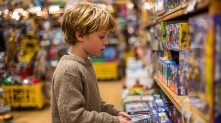 In a vibrant store, a boy is focused on examining a toy box on a shelf. The store is filled with games and toys, creating a cheerful atmosphere.の素材