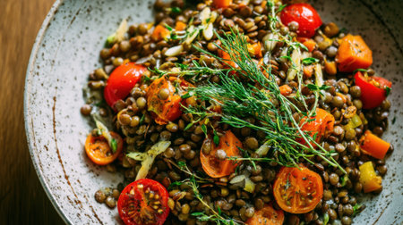 A hearty lentil salad featuring vibrant cherry tomatoes and fresh herbs is presented in a rustic bowl on a wooden table. This delightful dish is perfect for a nutritious lunch or dinner.の素材