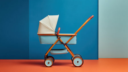 A delightful vintage baby stroller with a soft cream canopy is positioned against bright blue and orange walls creating a joyful atmosphere.の素材