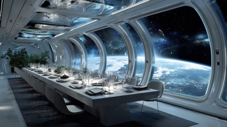 A stunning dining area features a long table set for a meal with Earth visible through large windows.の素材