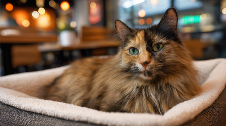 A fluffy cat relaxes in its soft bed while guests enjoy their drinks nearby in a warm cafe.の素材