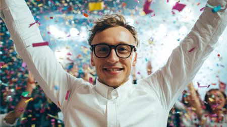 Cheers and laughter echo as friends enjoy a lively celebration surrounded by colorful confetti.の素材