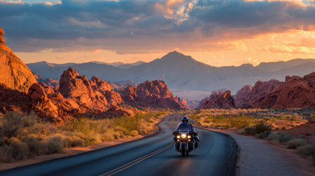 A motorcyclist travels down a winding road surrounded by vibrant red rocks and mountains at sunset.の素材