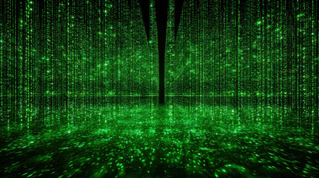 Explore a mesmerizing space where radiant green data flows create a futuristic atmosphere.の素材