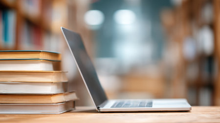 A sleek laptop sits on a wooden table next to tall stacks of books in a warm library setting.の素材