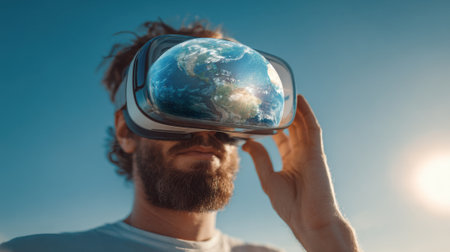 A man wearing virtual reality goggles discovers a stunning view of Earth while outdoors.の素材
