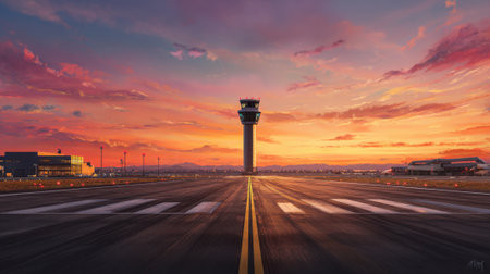 Vibrant sunset colors illuminate the sky over an airport runway and control tower.の素材