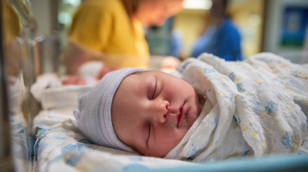 A serene newborn rests in a hospital bassinet while nurses tend to other infants nearby.の素材