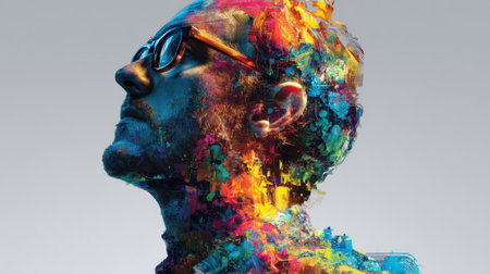 A colorful artistic display combines human profile and vivid paint strokes showing creativity.の素材