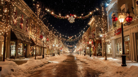 Snow blankets the cobblestone street where festive lights sparkle as holiday decorations adorn each shop.の素材