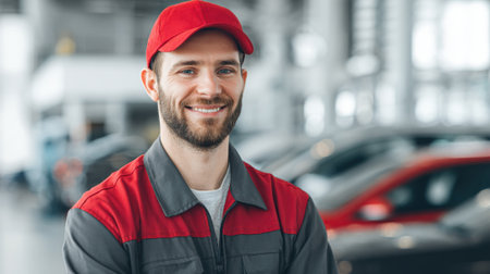 A cheerful technician stands in a bustling auto repair shop ready to assist customers.の素材