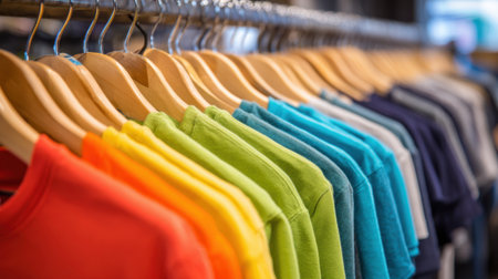 A colorful row of t shirts hangs neatly on wooden hangers showcasing lively shades in a clothing boutique.の素材