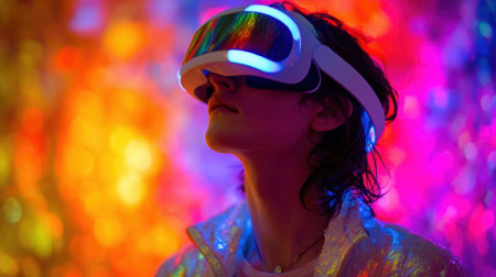 A person wearing a virtual reality headset enjoys a dazzling colorful backdrop of lights.の素材