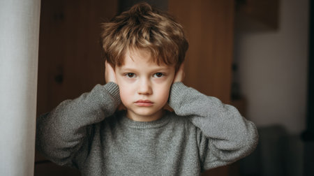 Young boy blocks his ears with a look of concern in a warm softly lit indoor space.の素材