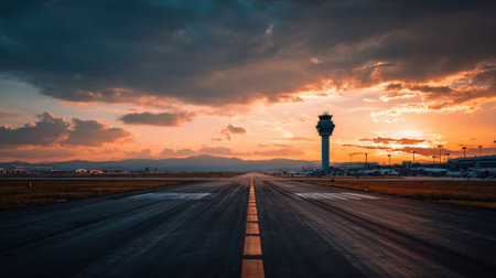 A stunning sunset bathes the runway in warm colors as clouds drift by and an airport control tower stands tall.の素材