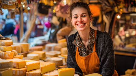 A friendly vendor smiles while surrounded by delicious cheeses in a lively marketplace.の素材