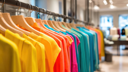 Brightly colored shirts hang on display inviting shoppers into a lively fashion experience.の素材