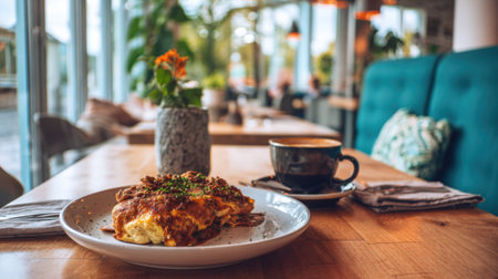 Enjoying a delicious omelette alongside a warm cup of coffee in a bright cafe setting.の素材