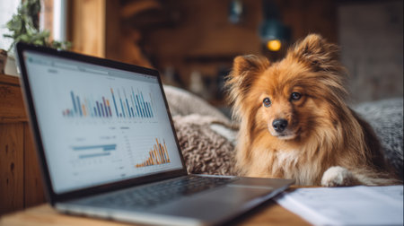 A furry dog observes data charts on a laptop in a warm and inviting cabin atmosphere.の素材